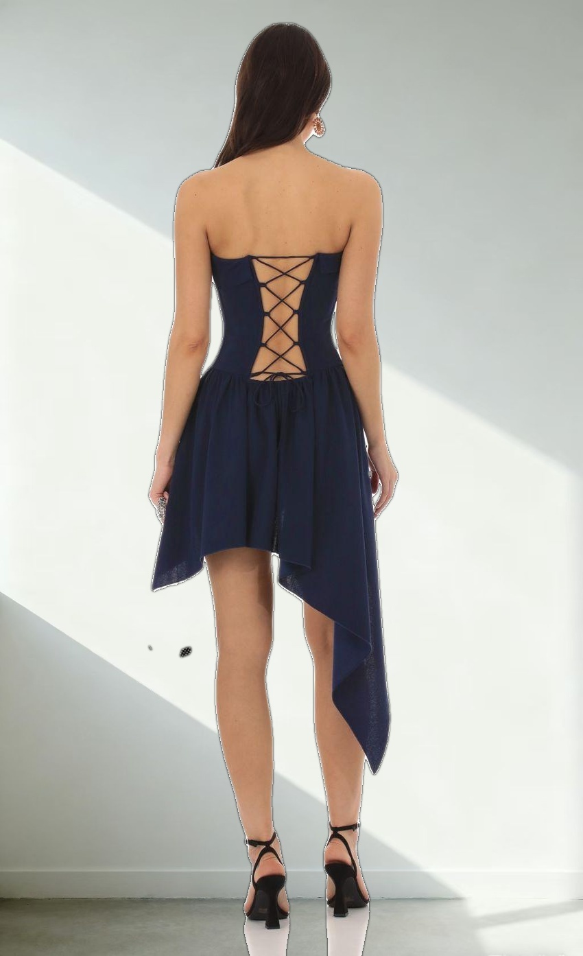 Strapless Asymmetrical Dress in Navy