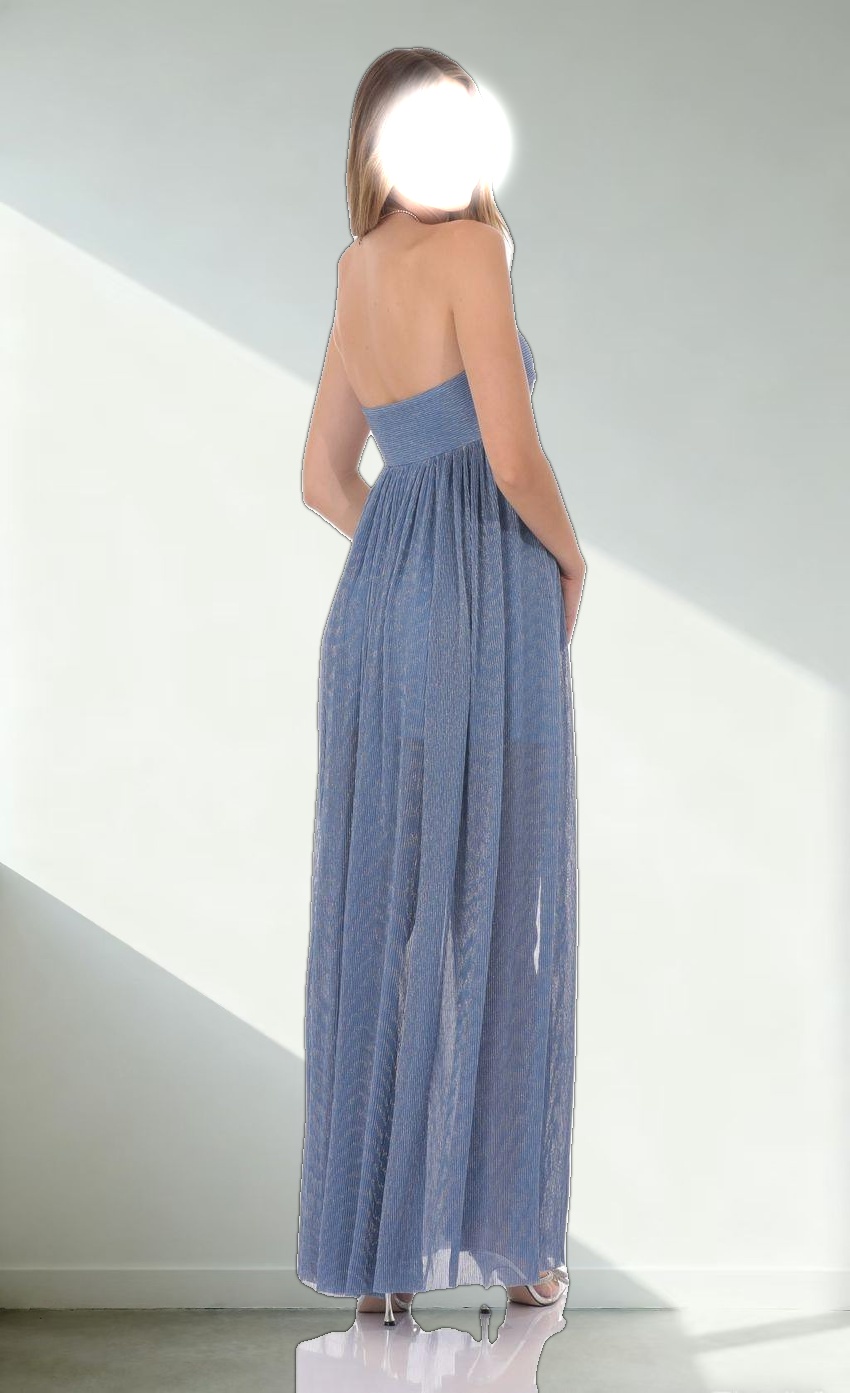Pleated Shimmer Twist Maxi Dress in Blue