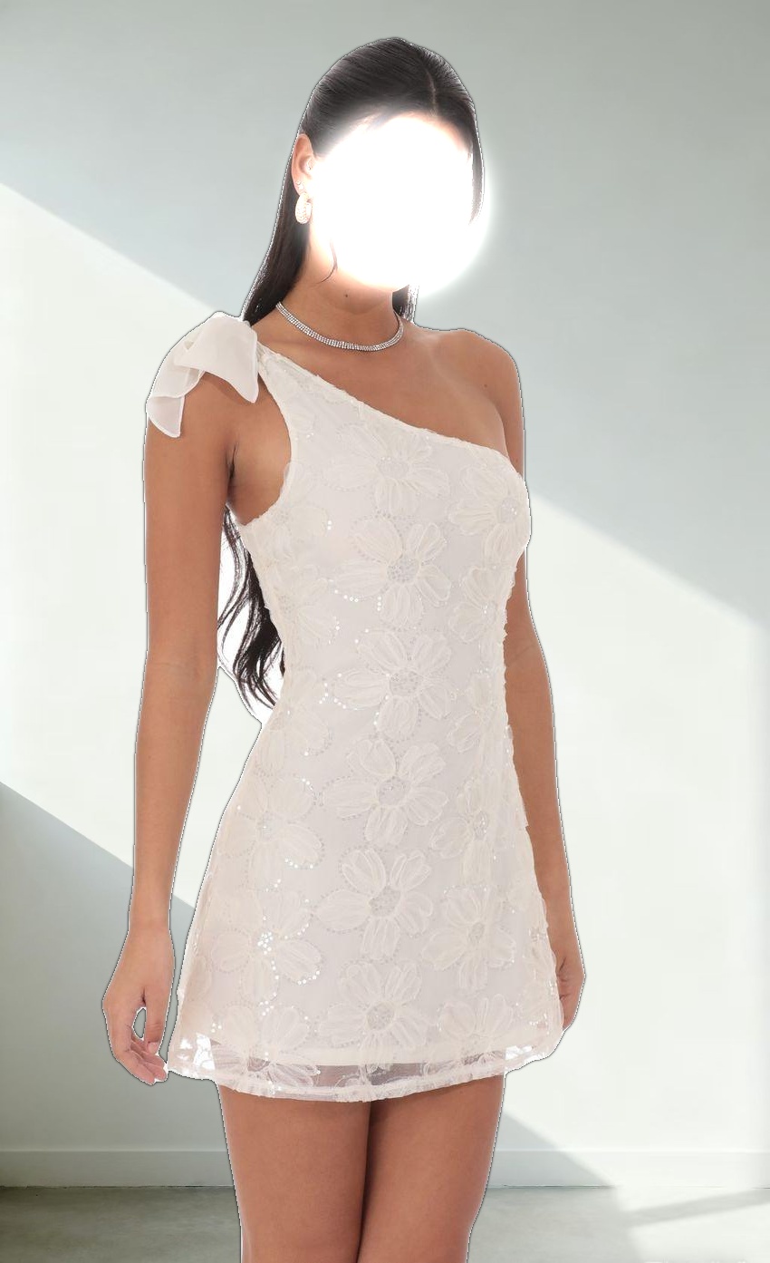 One Shoulder Sequin Floral Dress in Ivory