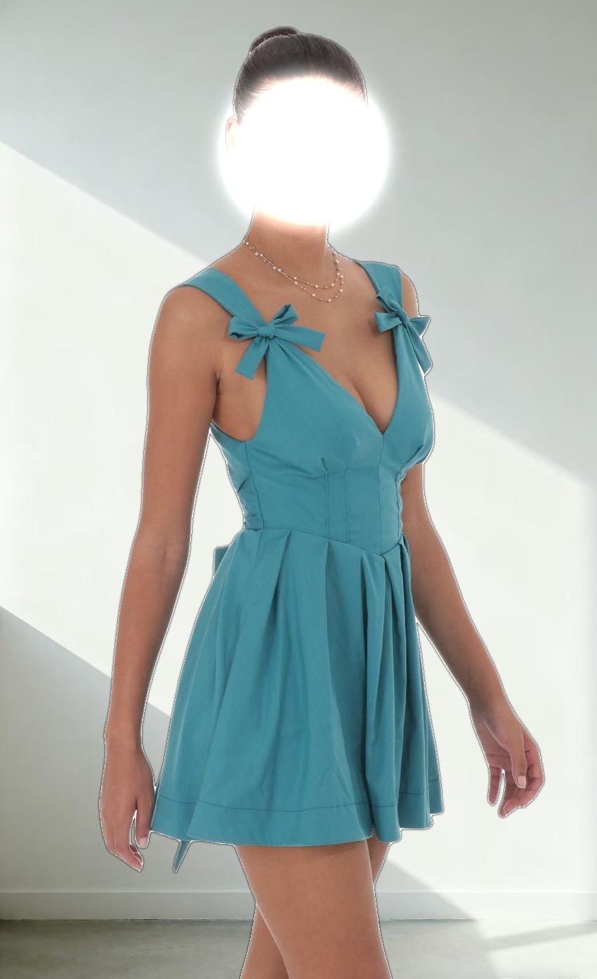 Double Bow A-Line Dress in Turquoise Blue