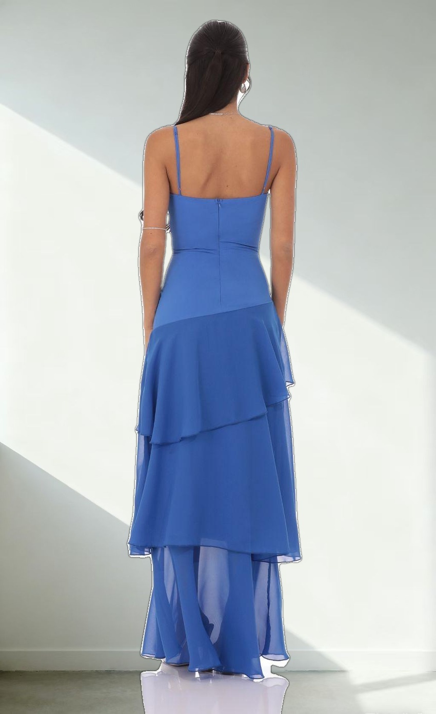 Long Ruffle Maxi Dress in Blue