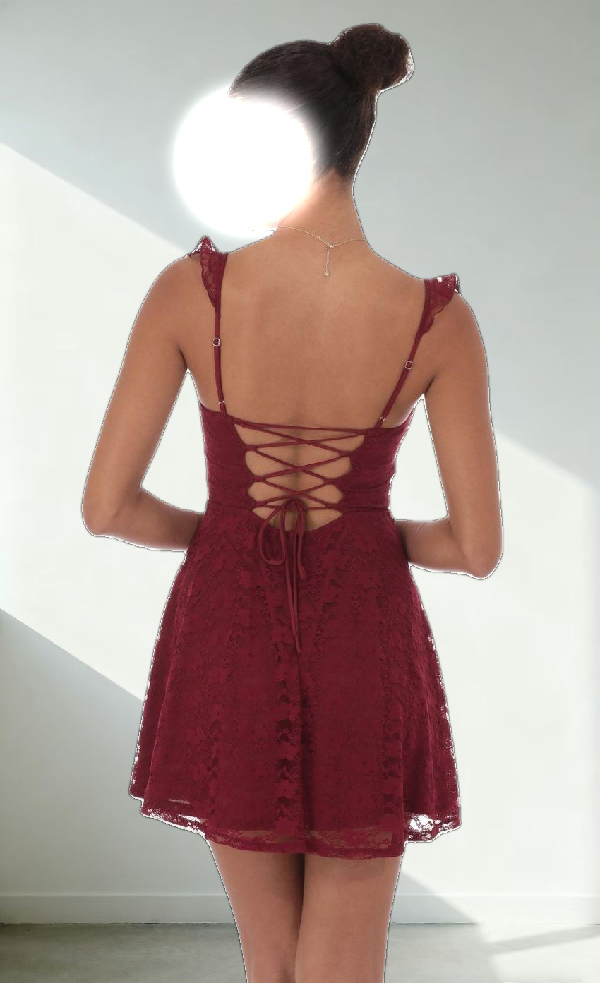 Lace Ruffle Strap A-Line Dress in Burgundy