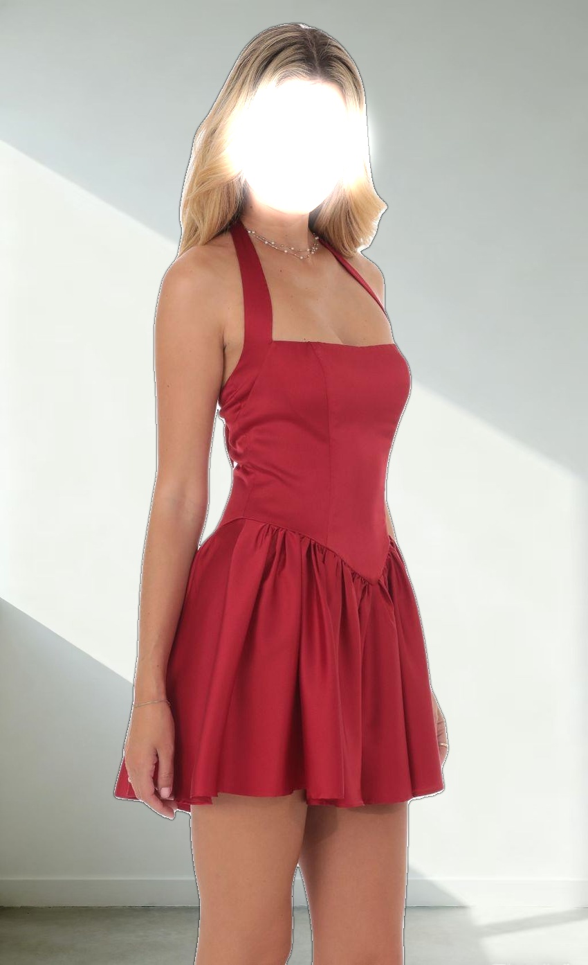 Satin Halter A-line Dress in Red