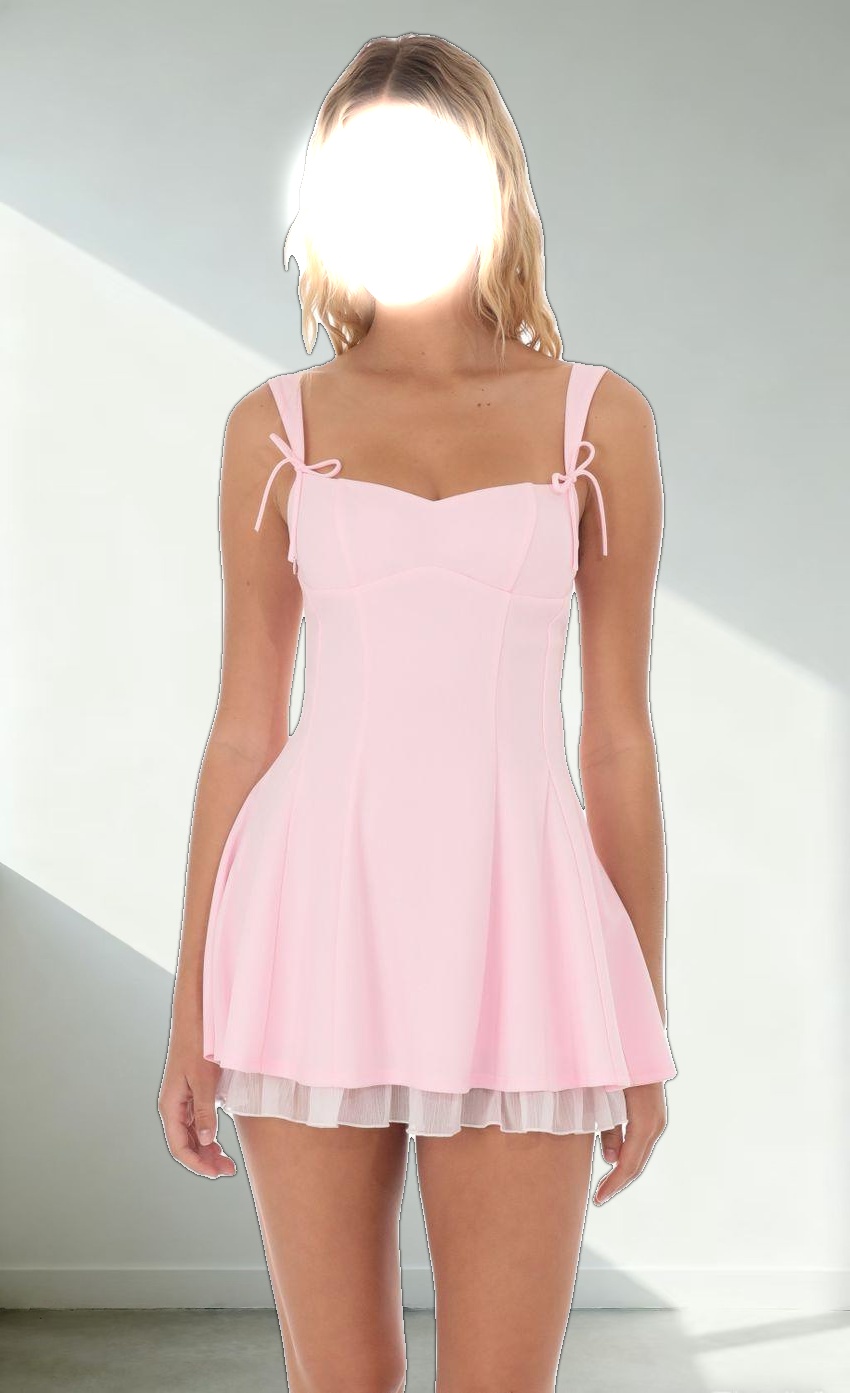 Bow Strap Shimmer Ruffle Dress in Pink