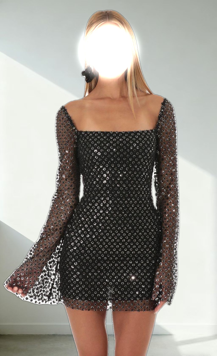 Sequin Floral Bell Sleeve Dress in Black