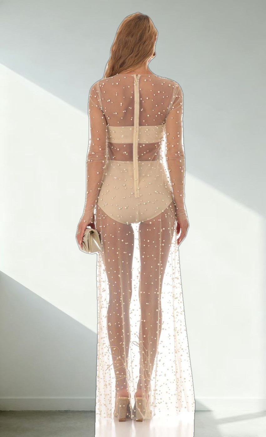 Pearl Mesh Dress in Beige