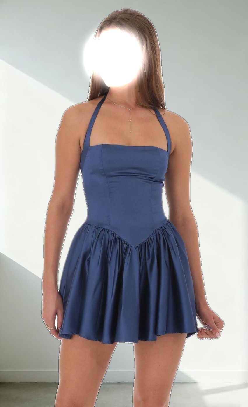 Satin Halter A-line Dress in Slate Blue