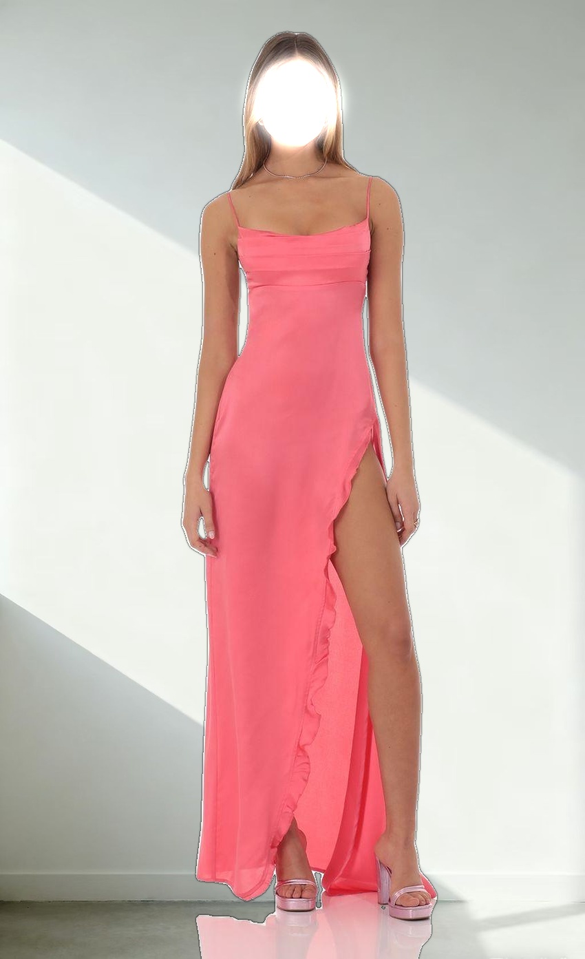 Cowl Neck Satin Open Back Maxi Dress in Coral