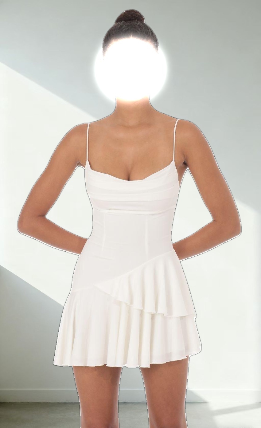 Cowl Neck Asymmetrical Ruffle Dress in White