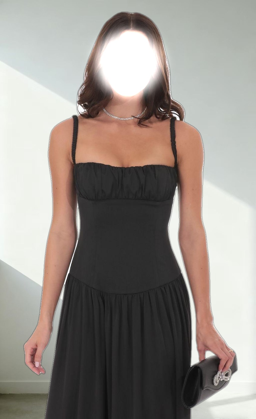 Satin Ruched Bust Maxi Dress in Black