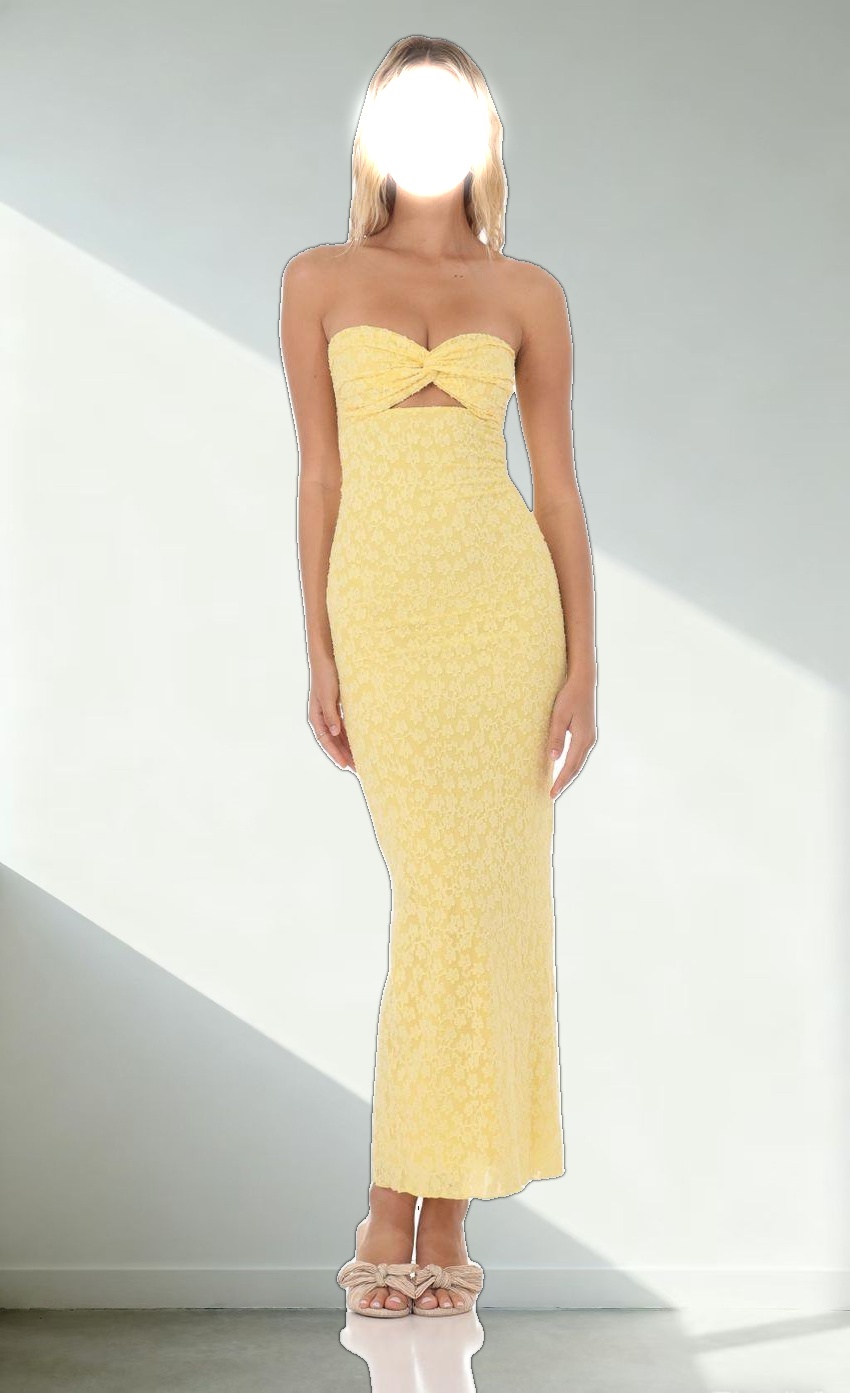 Strapless Textured Floral Twist Maxi Dress in Yellow