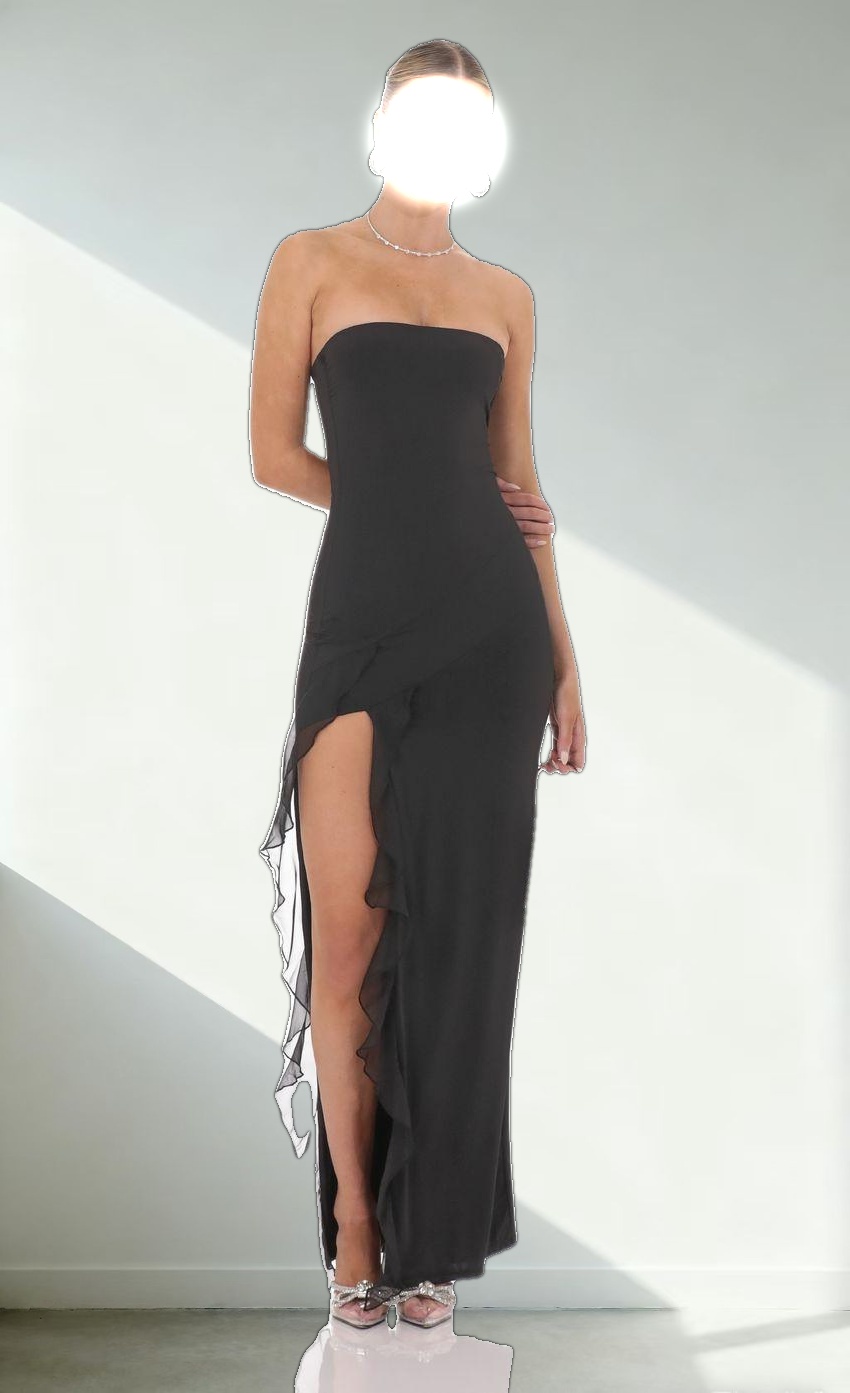 Strapless Ruffle Slit Maxi Dress in Black