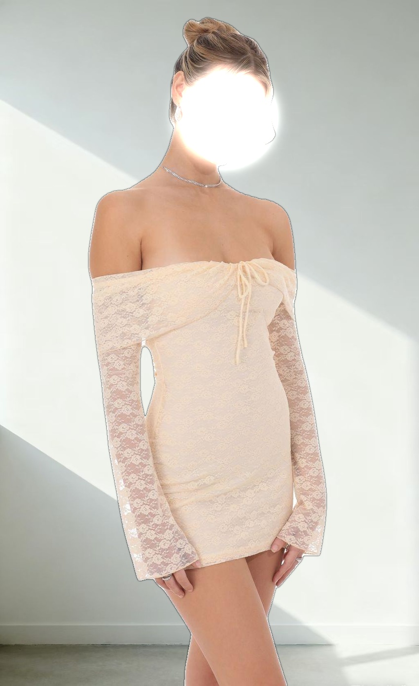 Lace Draped Off Shoulder Dress in Pastel Peach