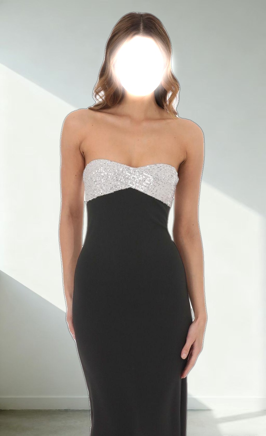 Strapless White Sequin Maxi Dress in Black