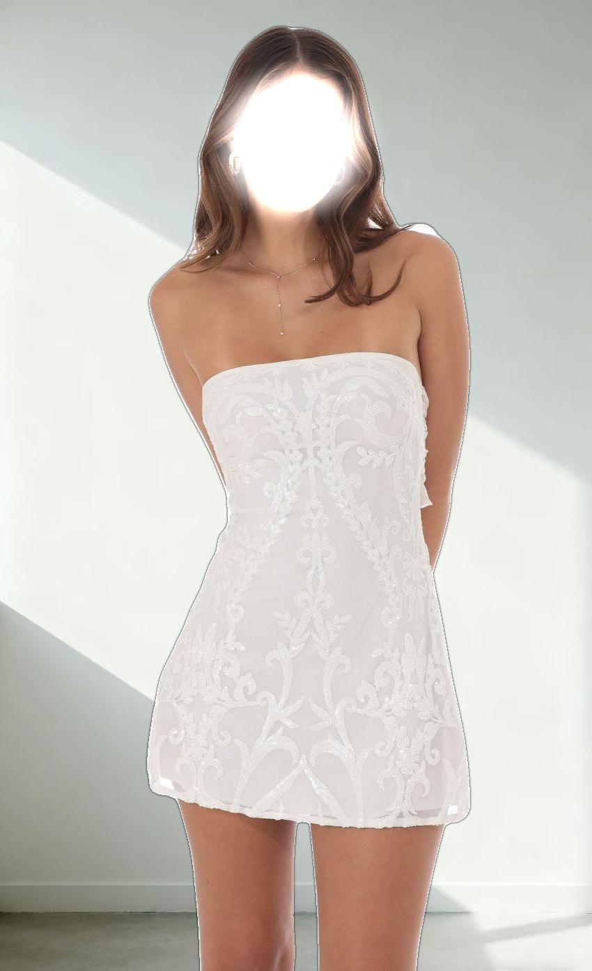 Sequin Mesh Strapless Dress in White