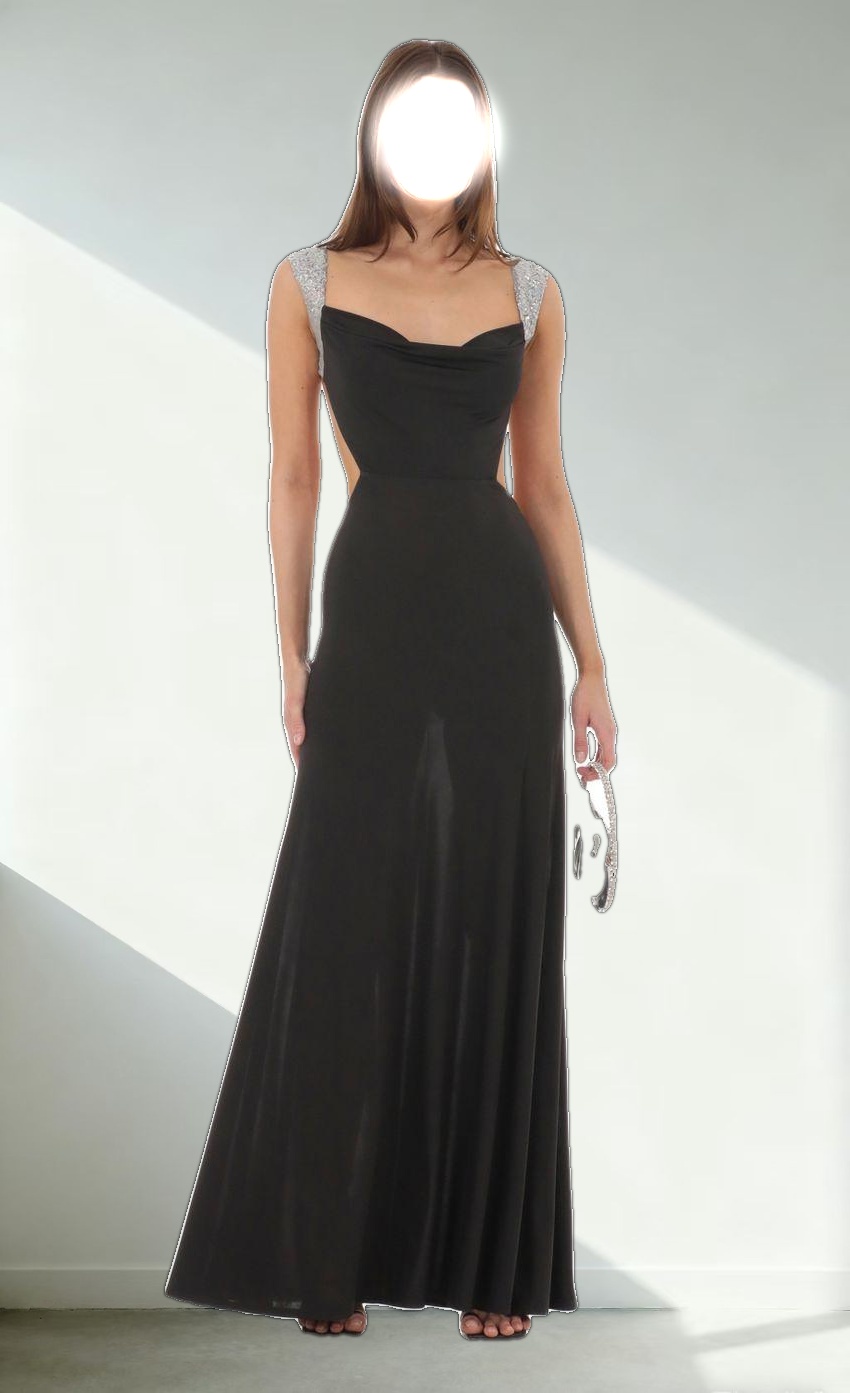 Silver Sequin Open Back Cowl Neck Dress in Black