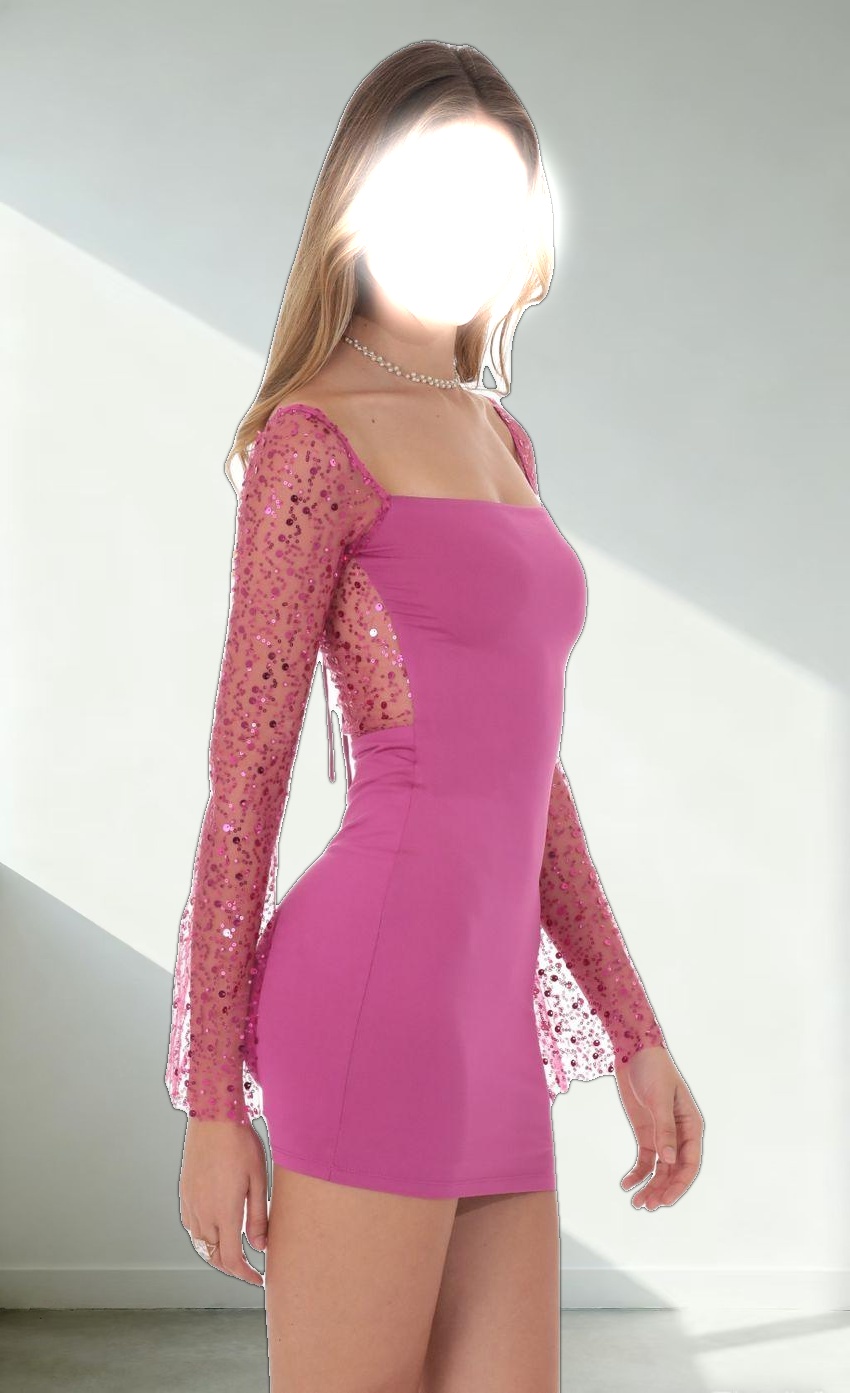 Sequin Long Sleeve Dress in Magenta