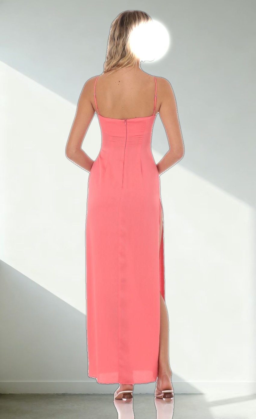 Satin Cinched Maxi Dress in Coral