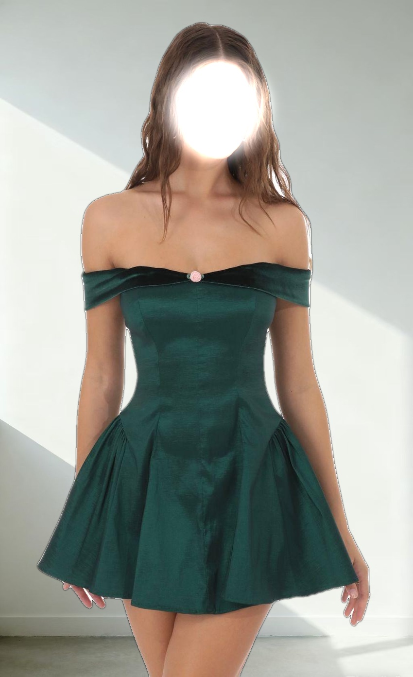 Off Shoulder Velvet Strap A-line Dress in Green