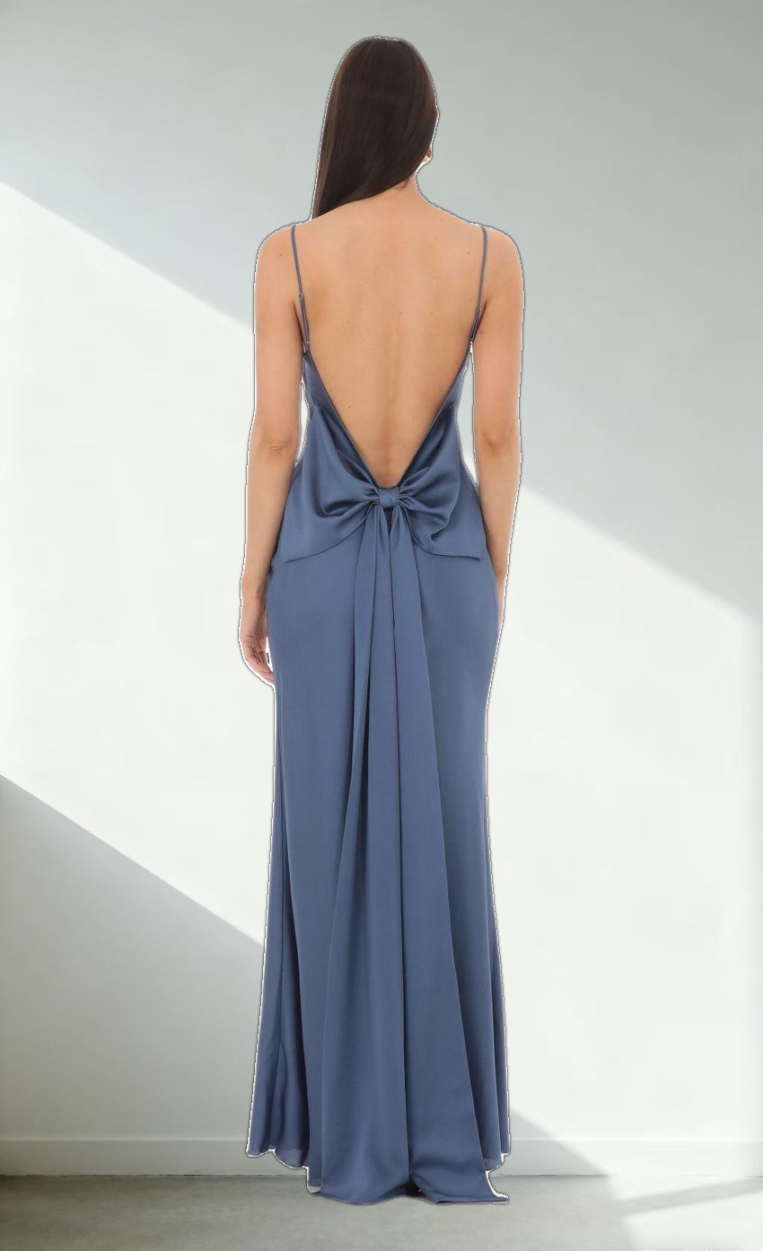 Back Bow Satin Dress in Navy