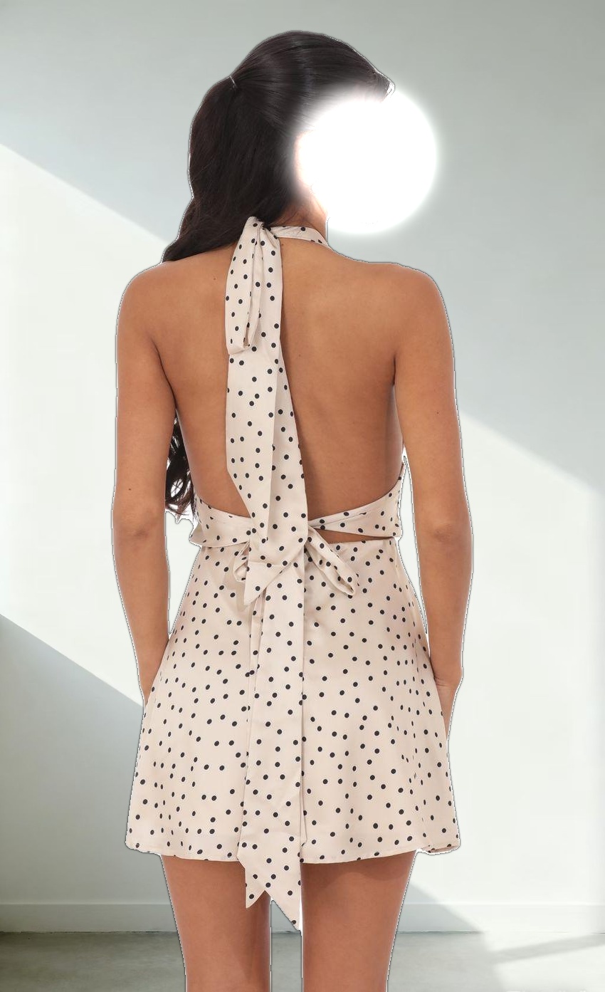 Satin Polka Dot Halter Dress in Beige