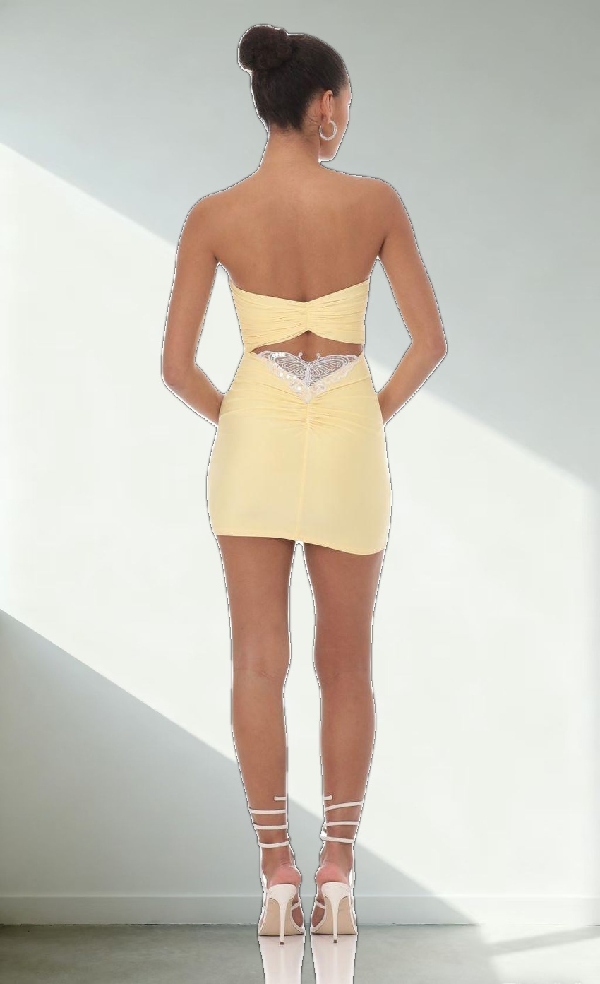 Strapless Sequin Butterfly Bodycon Dress in Yellow