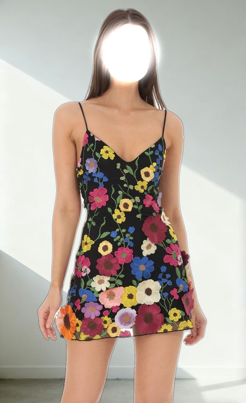 3-D Flower V-Neck Dress in Black