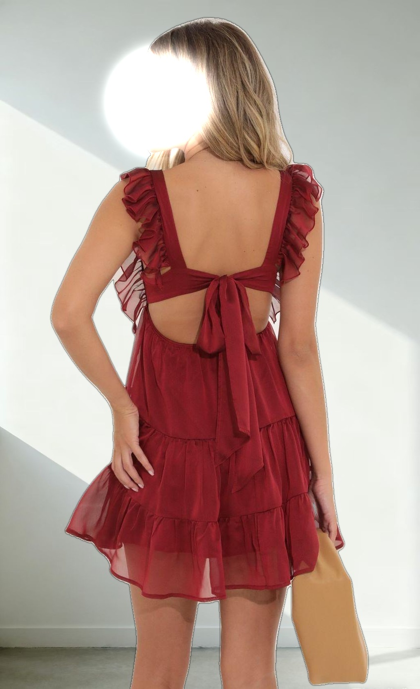 Chiffon Baby Doll Ruffle Dress in Red