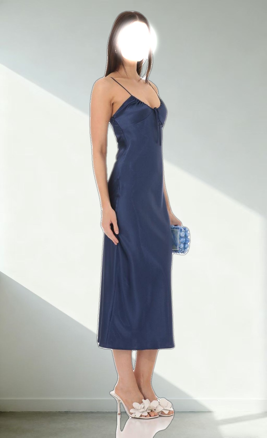 Satin Open Back Midi Dress in Navy