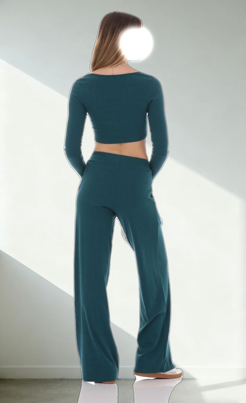 Soft Ribbed Straight Pants in Teal