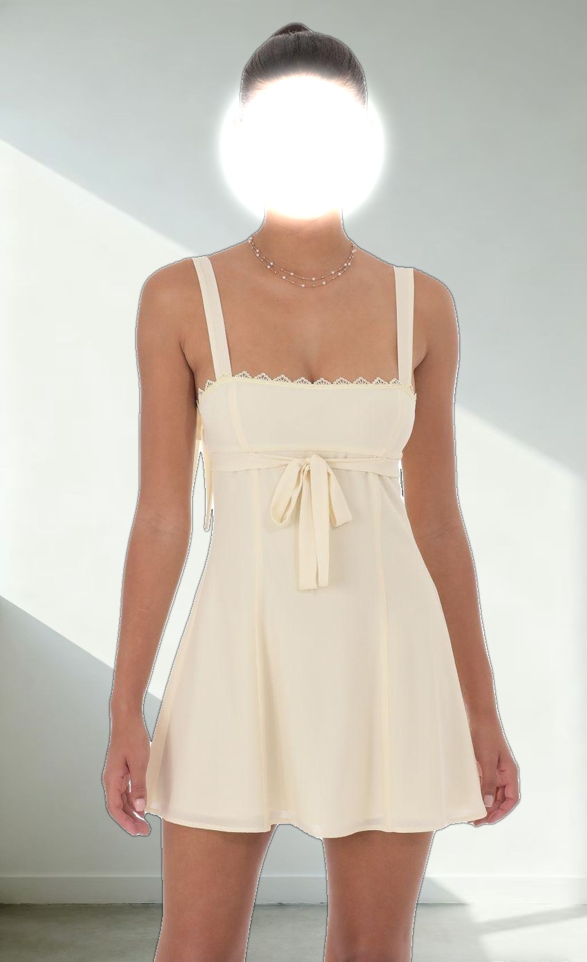 Ribbon Embroidered Trim Dress in Cream