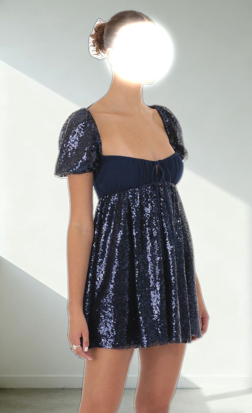 Sequin Puff Sleeve Baby Doll Dress in Navy