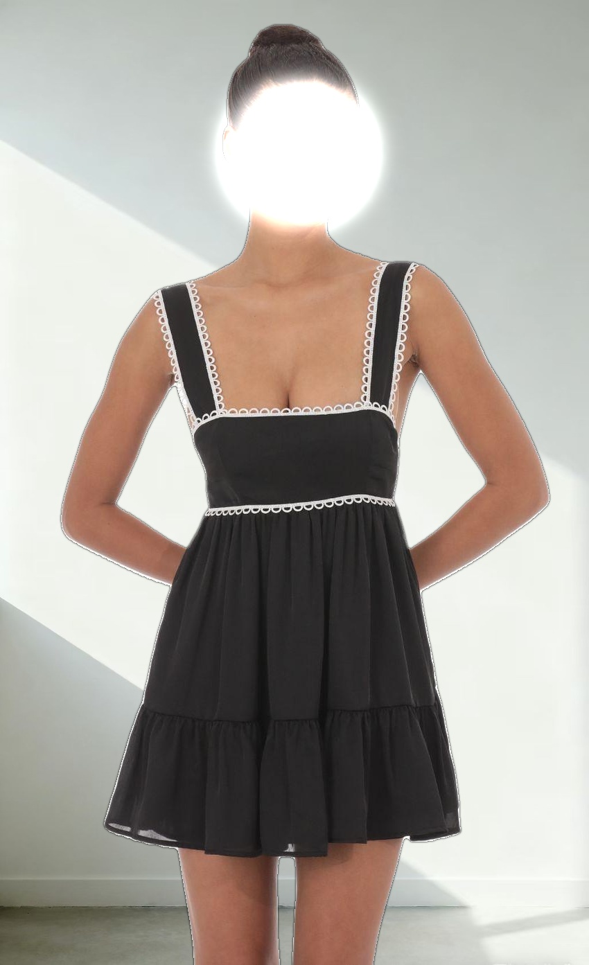 Embroidered Trim Babydoll Dress in Black
