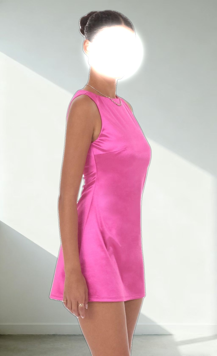 High Neck Satin Dress In Deep Pink