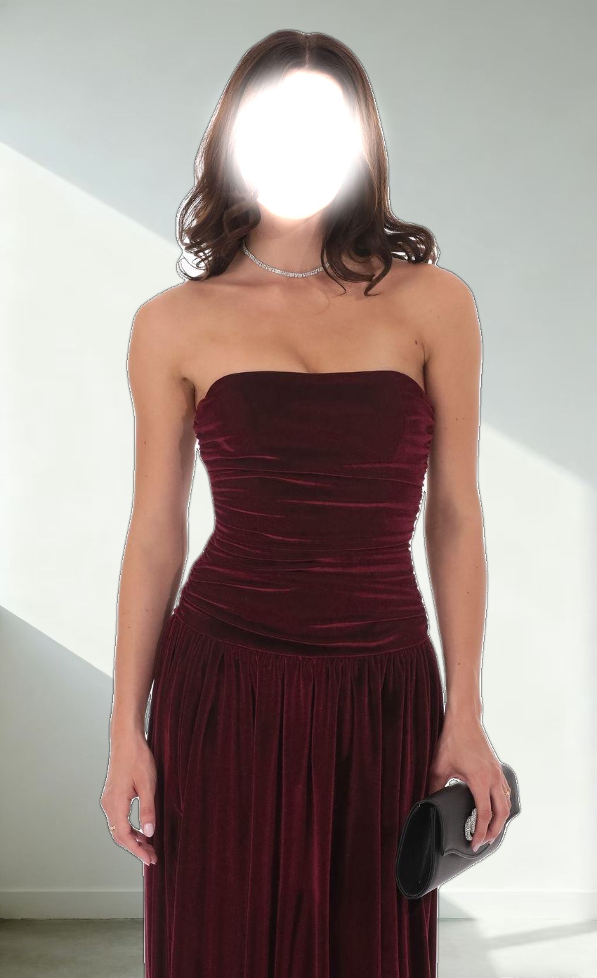 Velvet Ruched Drop Waist Maxi Dress in Wine