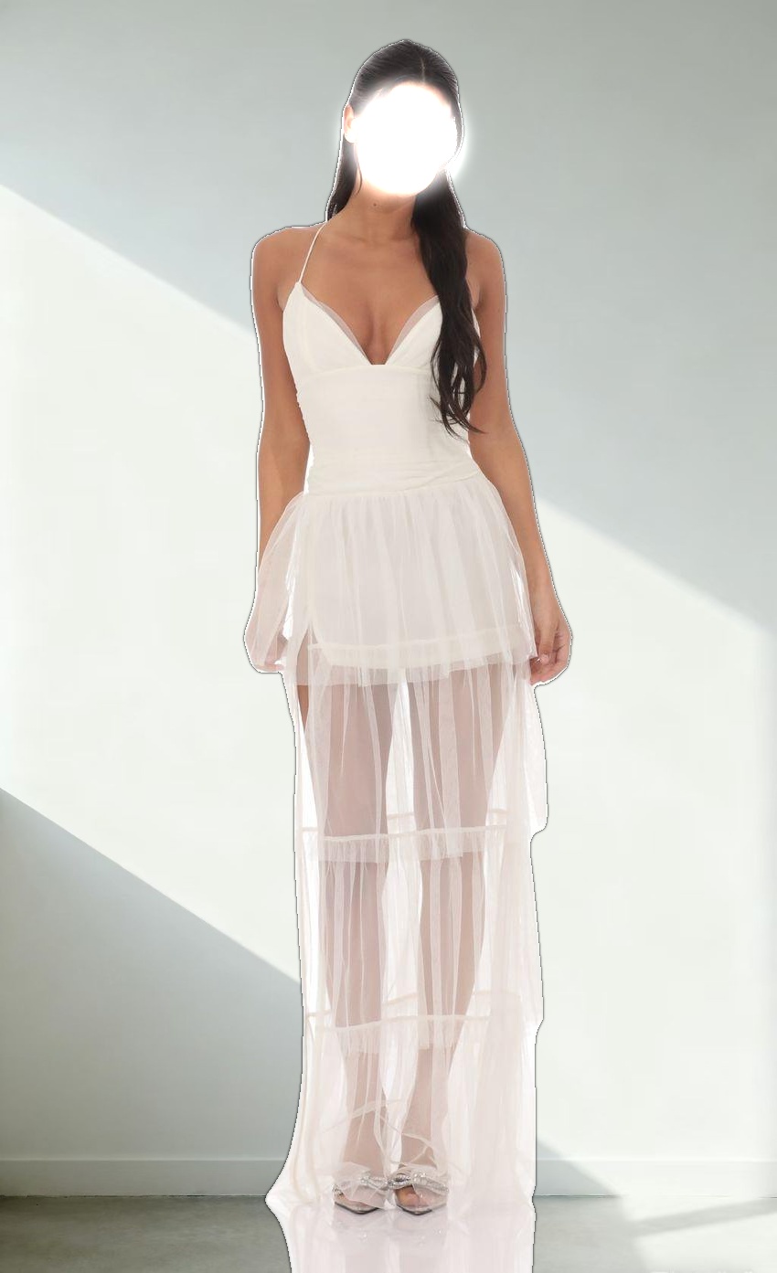 Ruffle Tulle Maxi Dress in Ivory