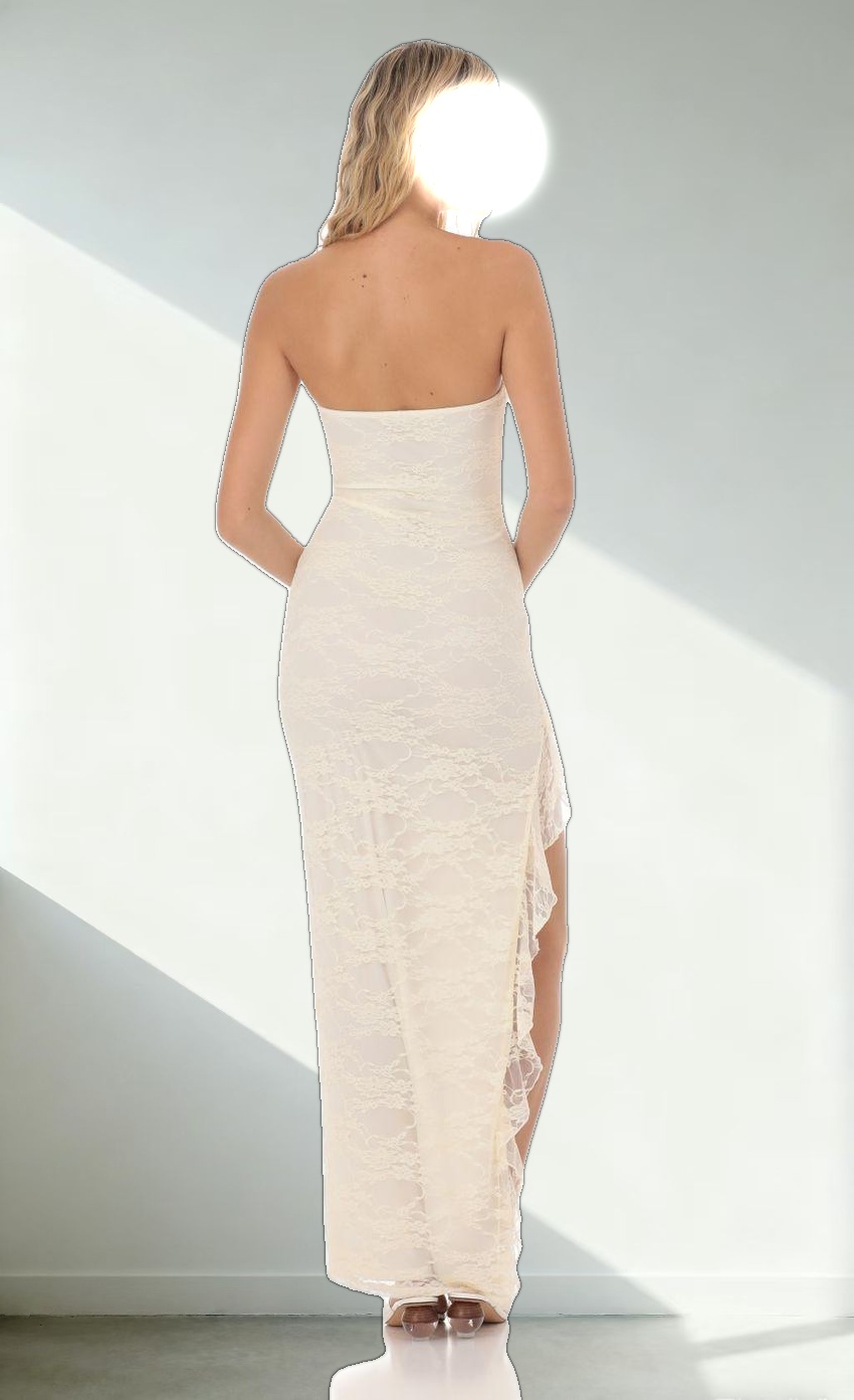 Strapless Lace Ruffle Slit Dress in Cream