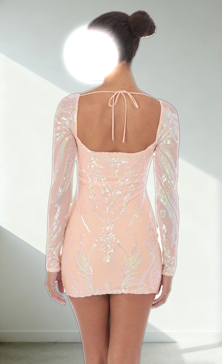 Iridescent Sequin Long Sleeve Dress in Peach