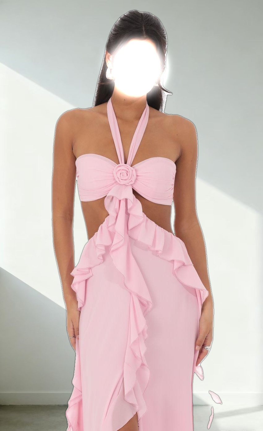 Chiffon Cutout Ruffle Maxi Dress in Pink