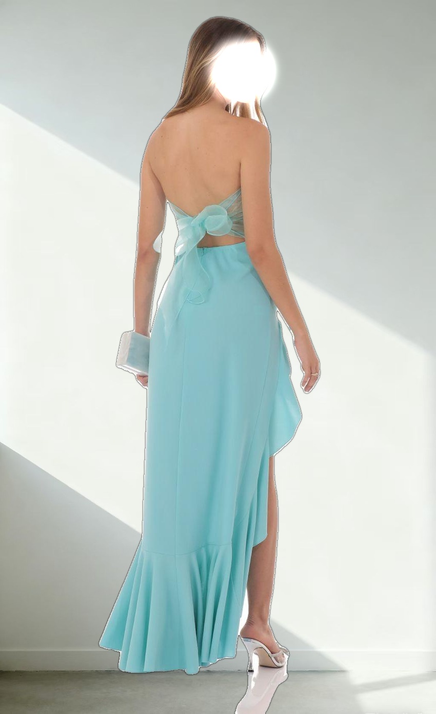 Strapless Back Bow Corset Maxi Dress in Aqua Blue