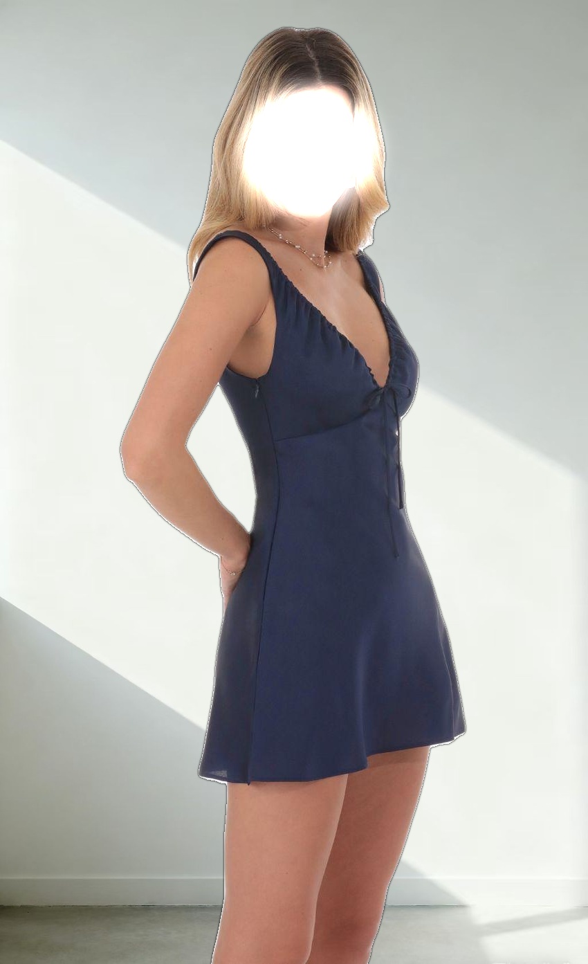 Satin V-Neck Dress in Navy