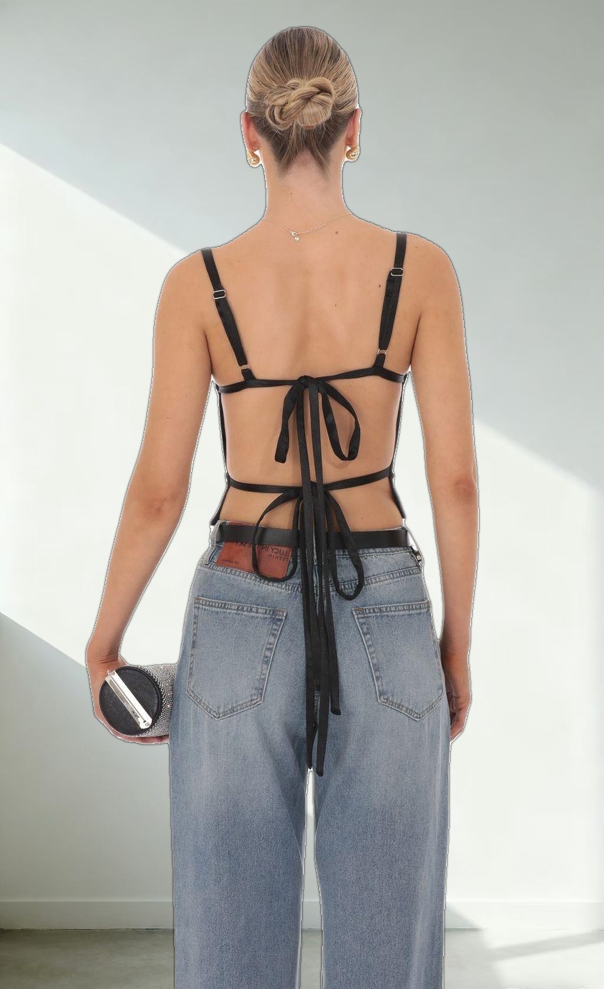 Satin Open Back Tie Top in Black