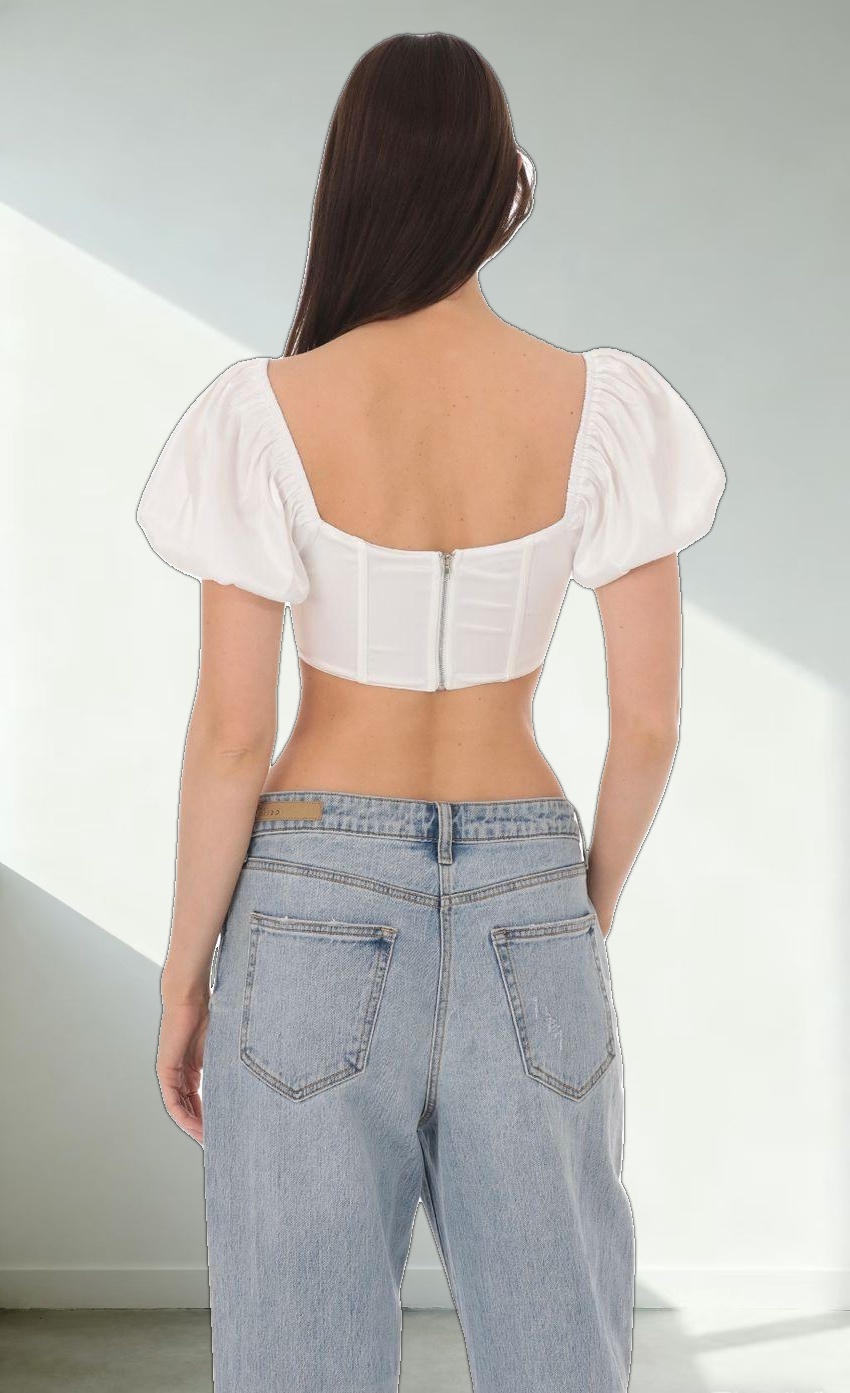 Satin Puff Sleeve Corset Top in White