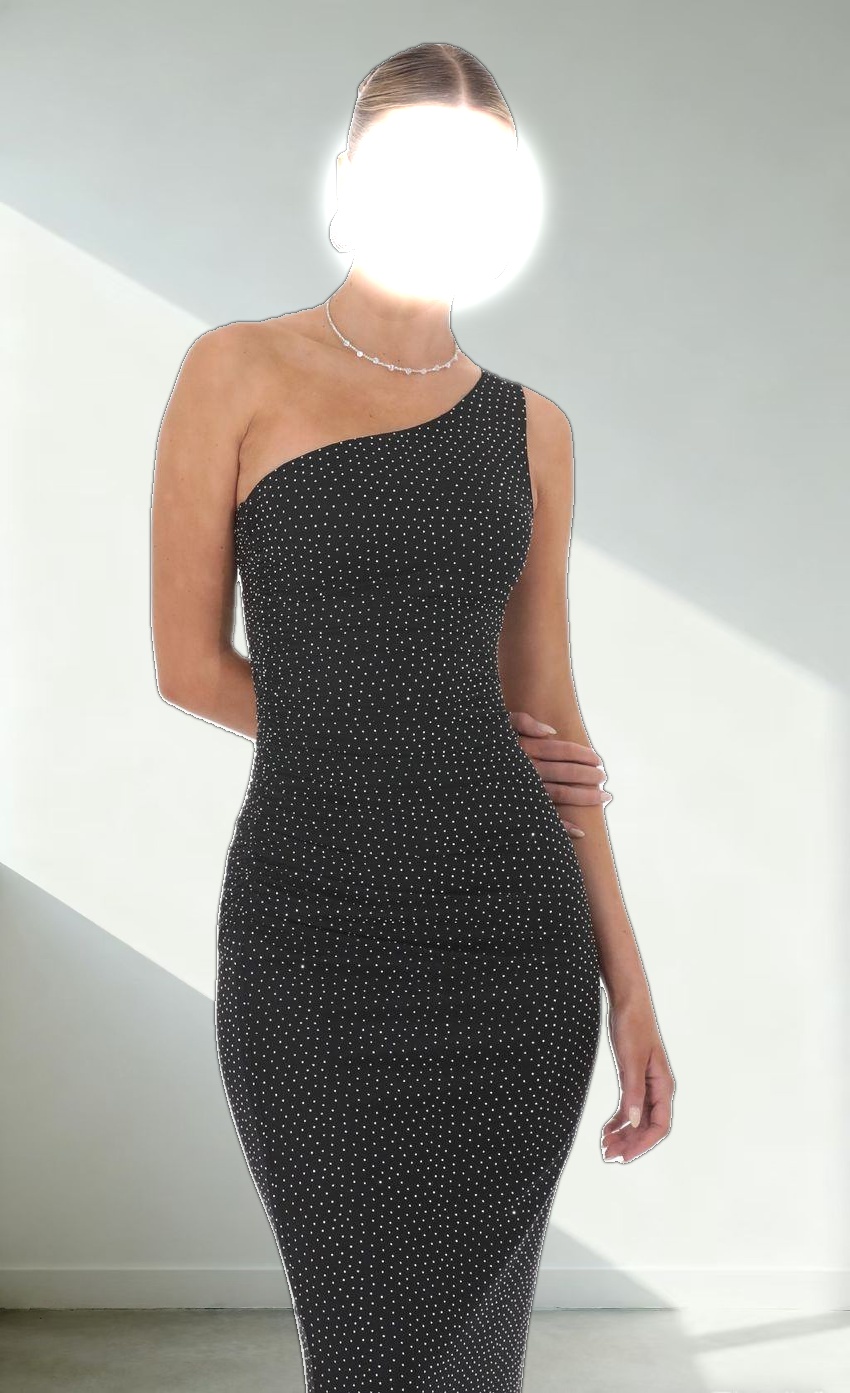 One Shoulder Rhinestone Maxi Dress in Black