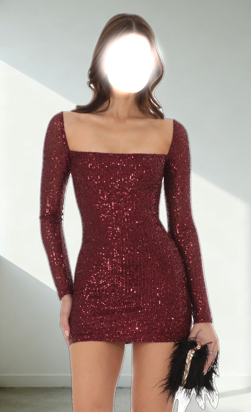 Sequin Long Sleeve Dress in Maroon