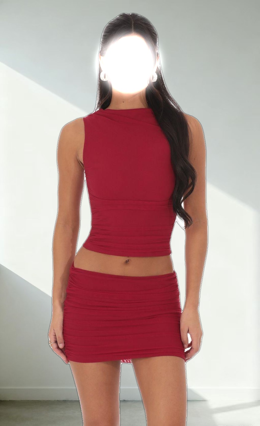 High Neck Mesh Two Piece Set in Red