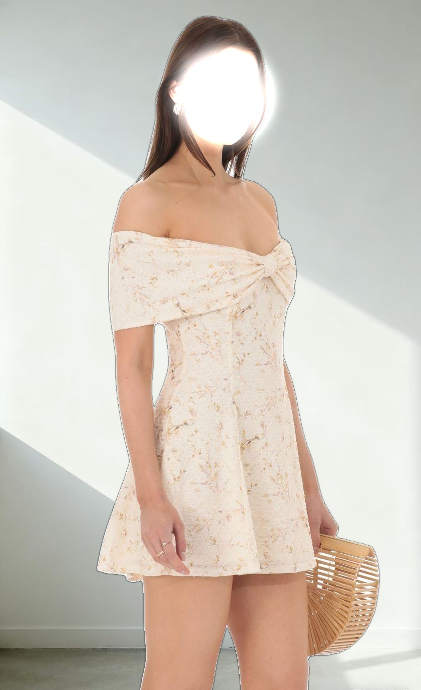 Front Bow Floral Off Shoulder Dress in Cream