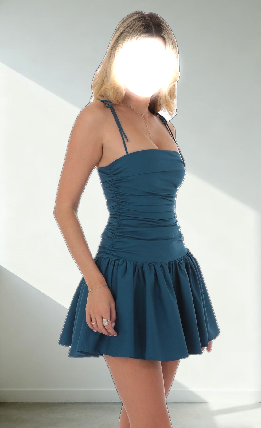 Ruched Fit and Flare Dress in Teal