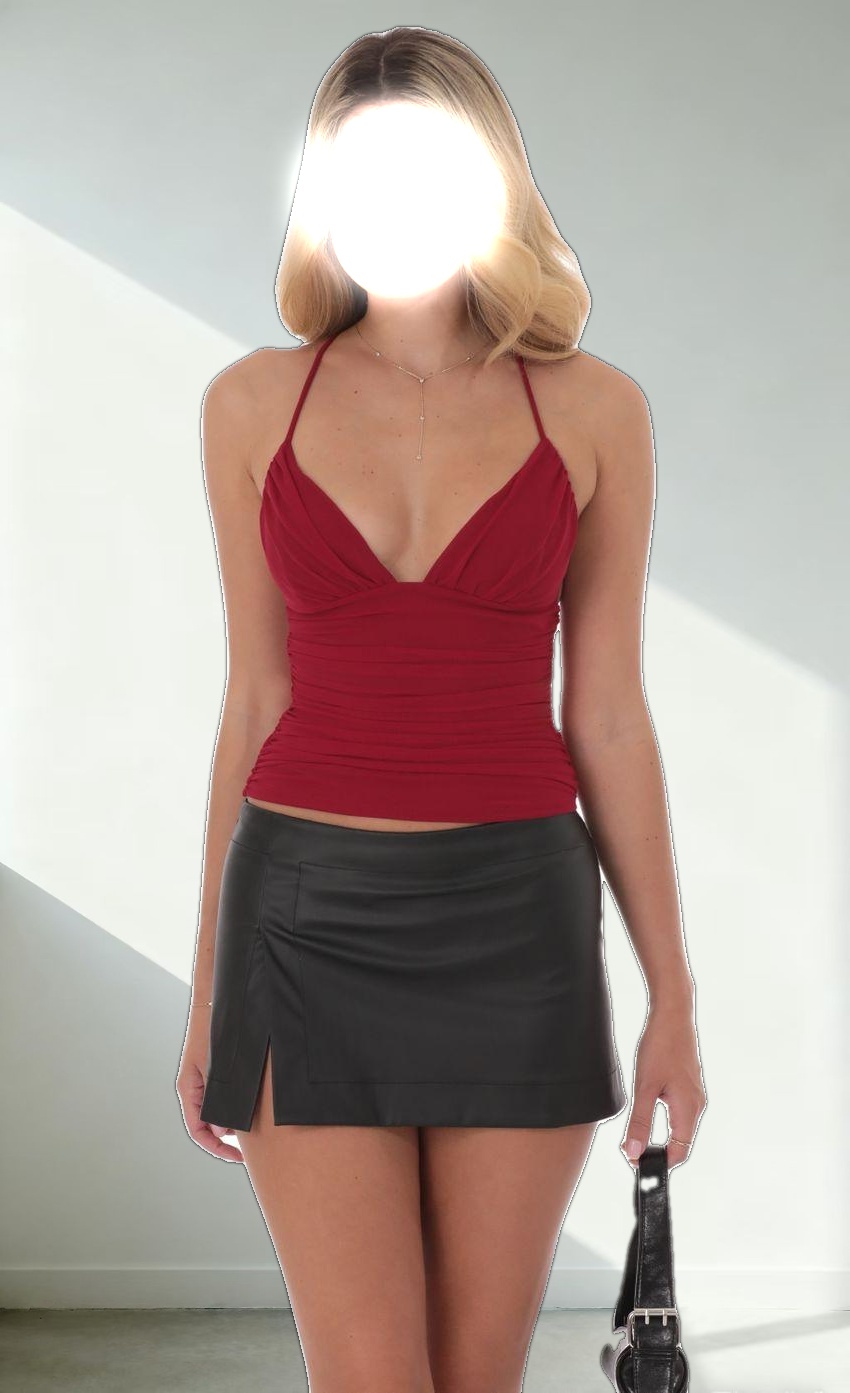 Mesh V-Neck Top in Red