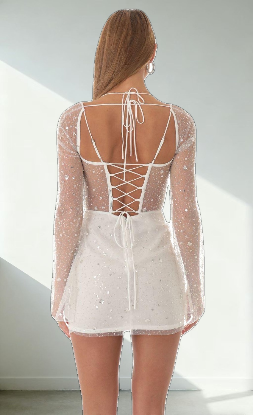 Sequin Long Sleeve Dress in White